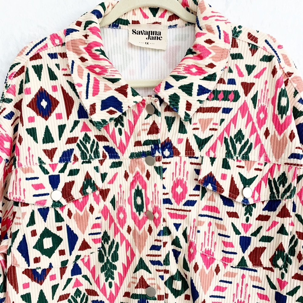Savanna Jane Aztec Print Corduroy Shirt Jacket Sz 1X - Picture 3 of 12
